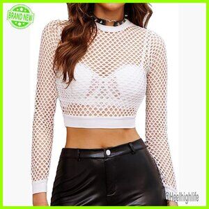 Sheer Fishnet Crop Top Long Sleeve Mesh Rave Top Y2K Punk Gothic